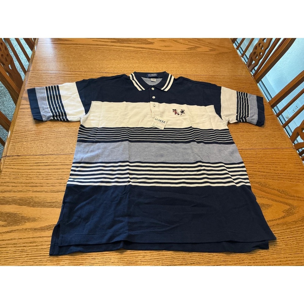 Vintage La Mode Mickey Mouse Bowling Polo Shirt Mens XL Navy White Striped NWT